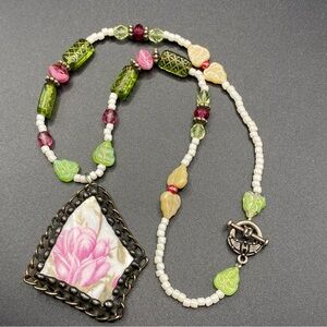 Broken Dish Pink Green With Glass Beads Necklace